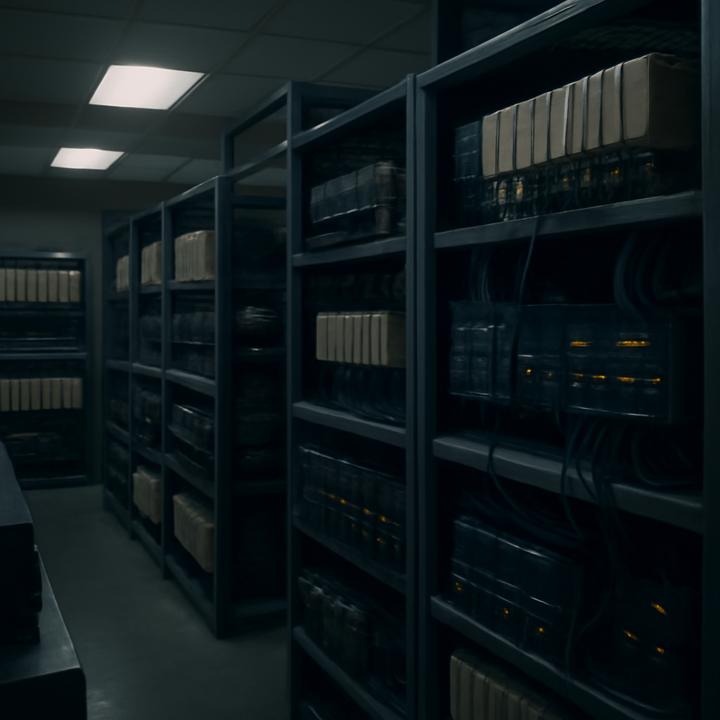 Dimly lit industrial control room with rows of network equipment and controllers.