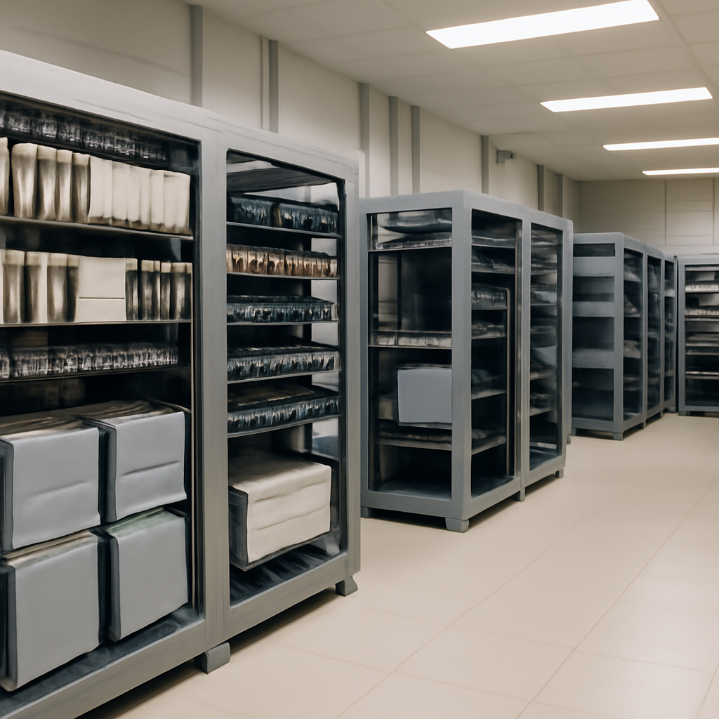 Rows of industrial equipment and machinery in a network operations center with neatly managed cables and wires.