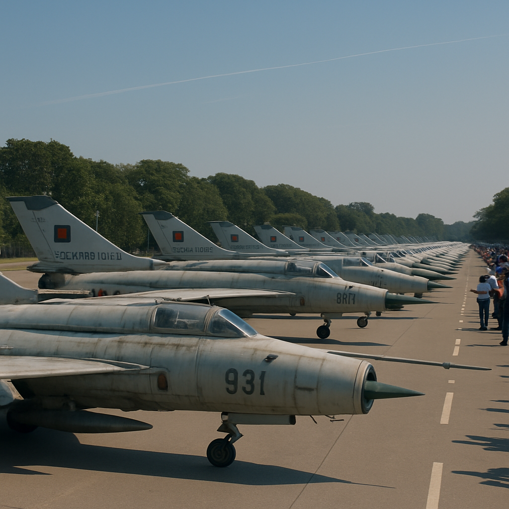 Bangladesh Air Force aircraft lineup at a parade with spectators in background.
