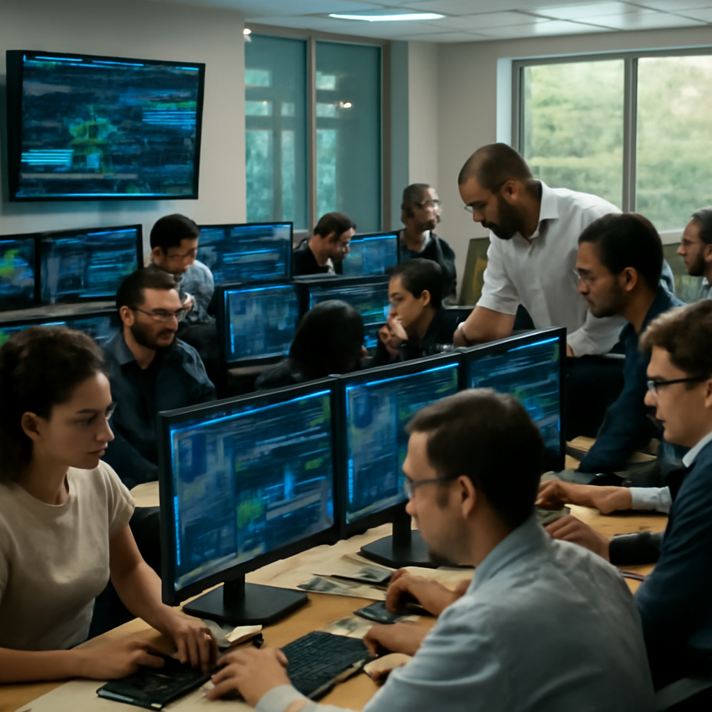 Bank technology center with rows of workstations and employees surrounded by screens and financial data displays.