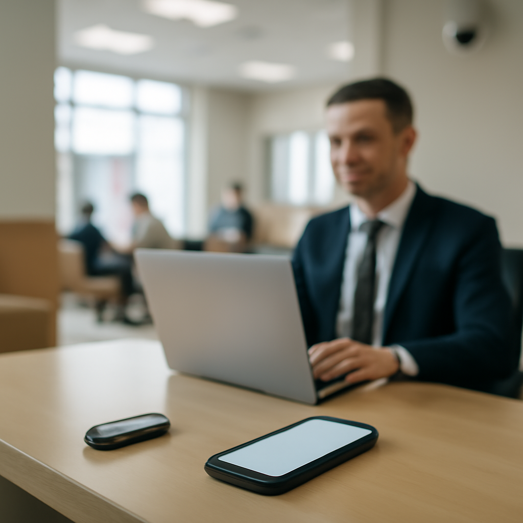 Bank teller sits at desk with laptop, hinting at security vulnerability.