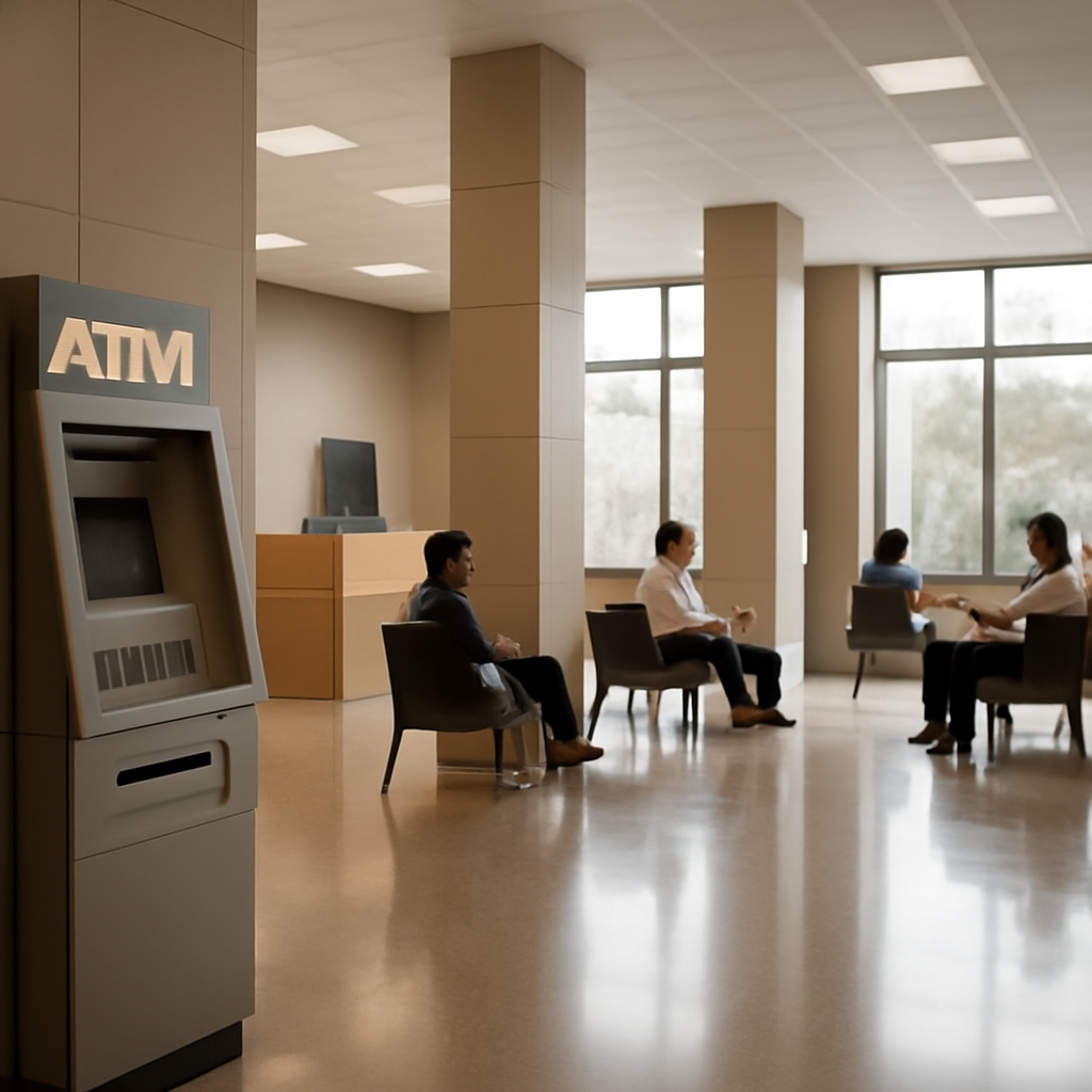 Bank lobby with customers, ATM, and cityscape reflection on polished floor.