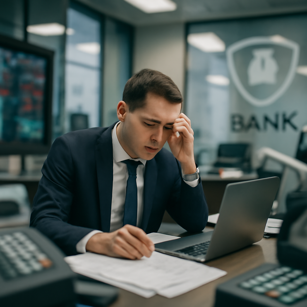 Bank employee under scrutiny at desk with laptop and papers amidst financial equipment.