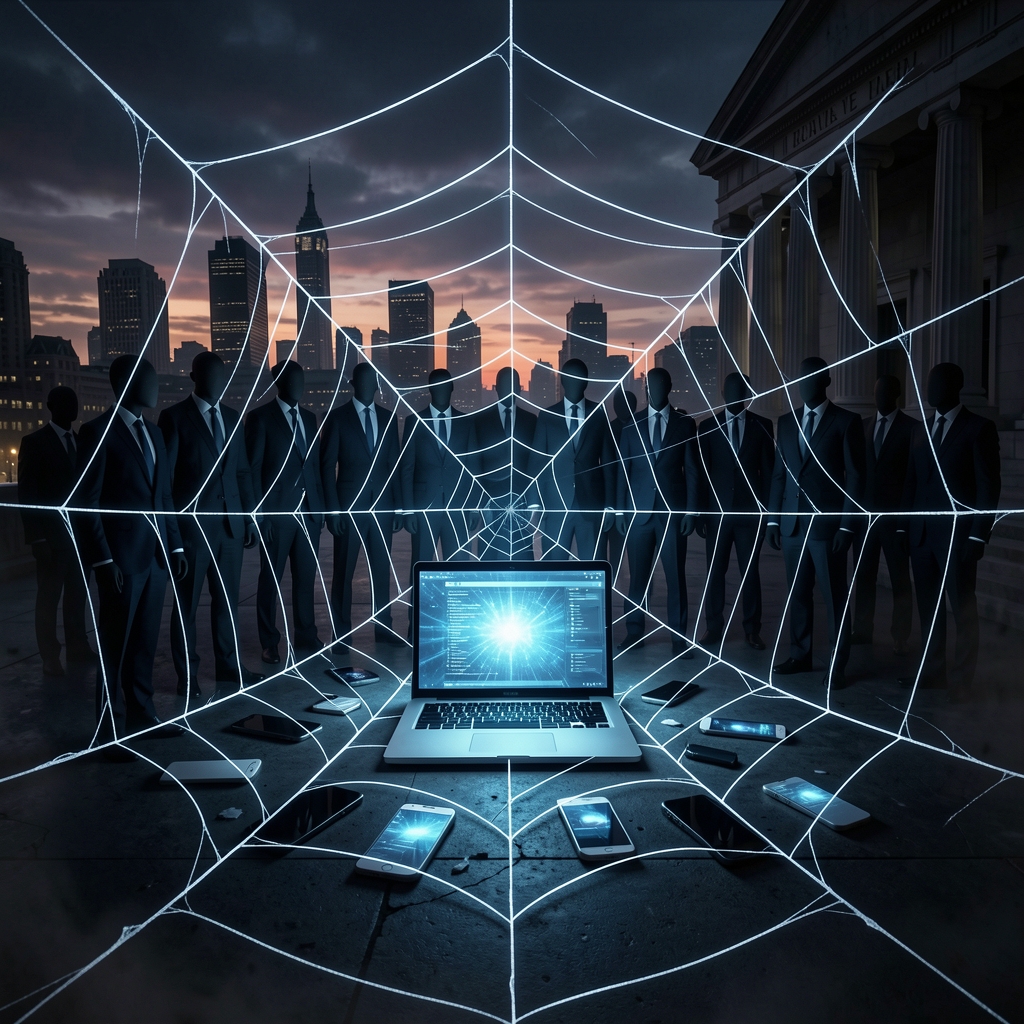 Glowing spider web with laptop and smartphones symbolize AI-driven fraud networks in a dark cityscape.