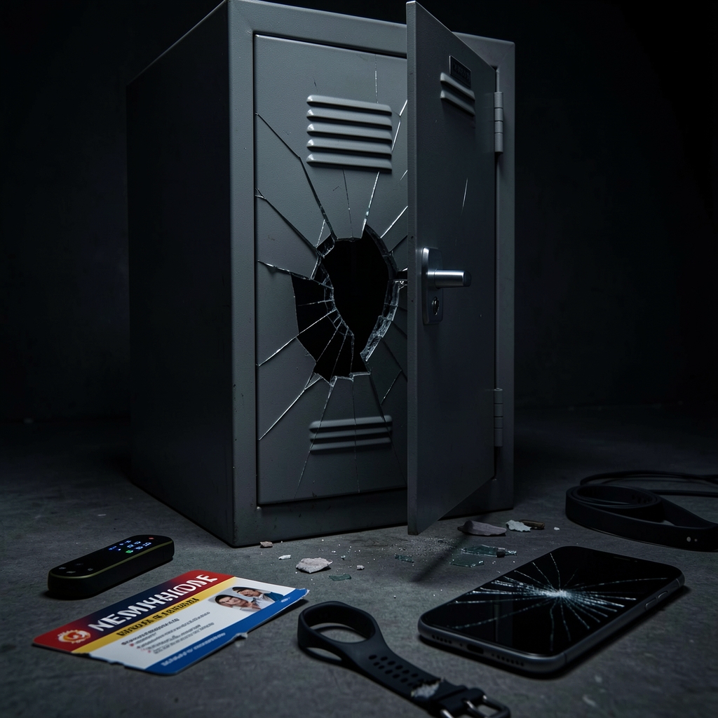 Shattered gym locker with broken digital lock and scattered personal belongings on dark background.