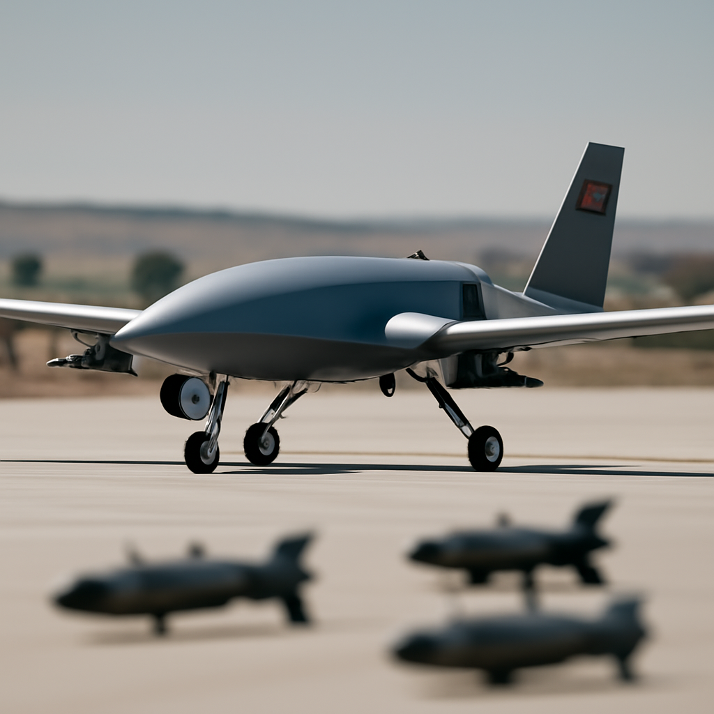 Sleek drone-like aircraft parked on a runway with blurred Turkish landscape background.
