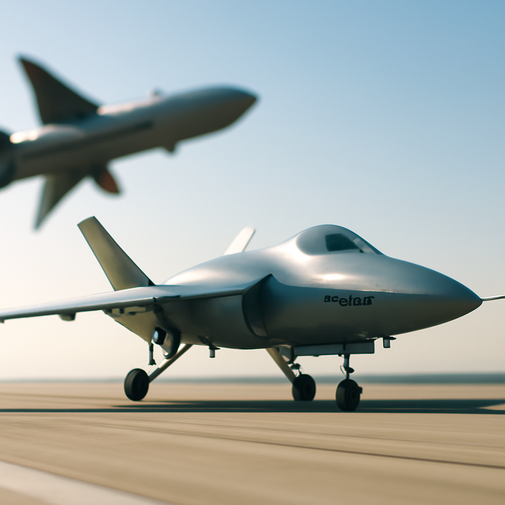 Bayraktar Kızılelma aircraft centered on a runway with a blurred missile in the foreground.