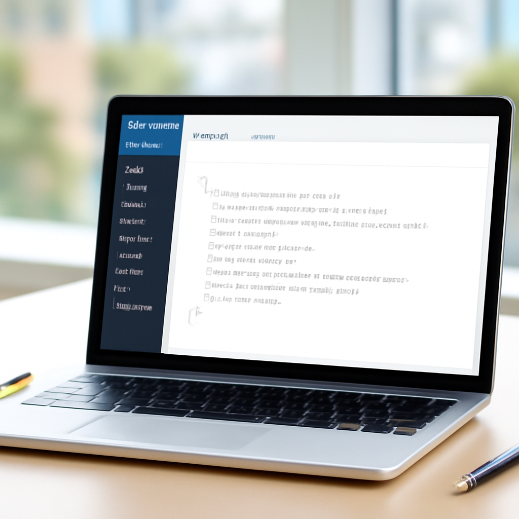 WordPress admin dashboard on a laptop screen with a cityscape background and office items nearby.