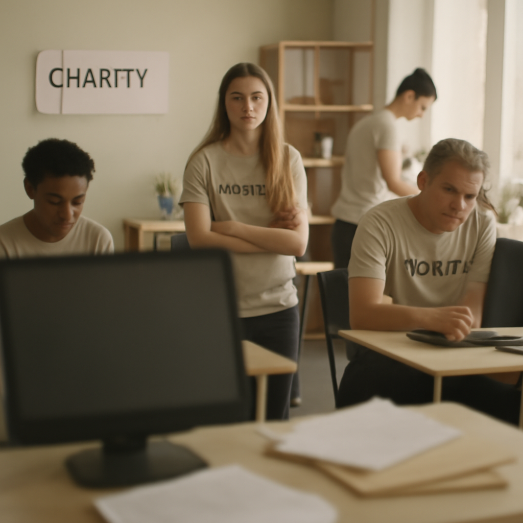 Blurred computer screen and scattered papers in a charity office with staff working in the background.
