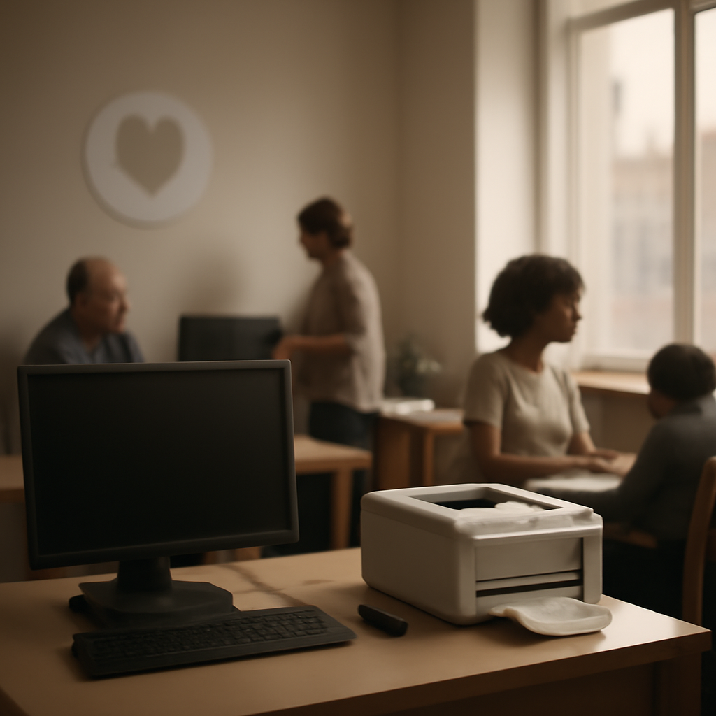 Softly lit office scene with people working at desks, computer screen and printer in foreground, cityscape visible through…