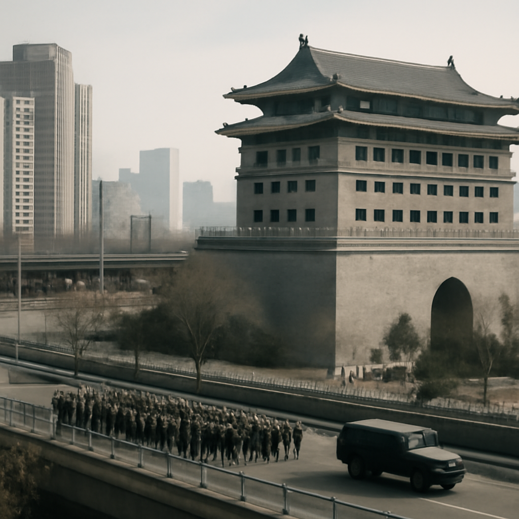 Beijing cityscape with a prominent military building and subtle hints of military presence.