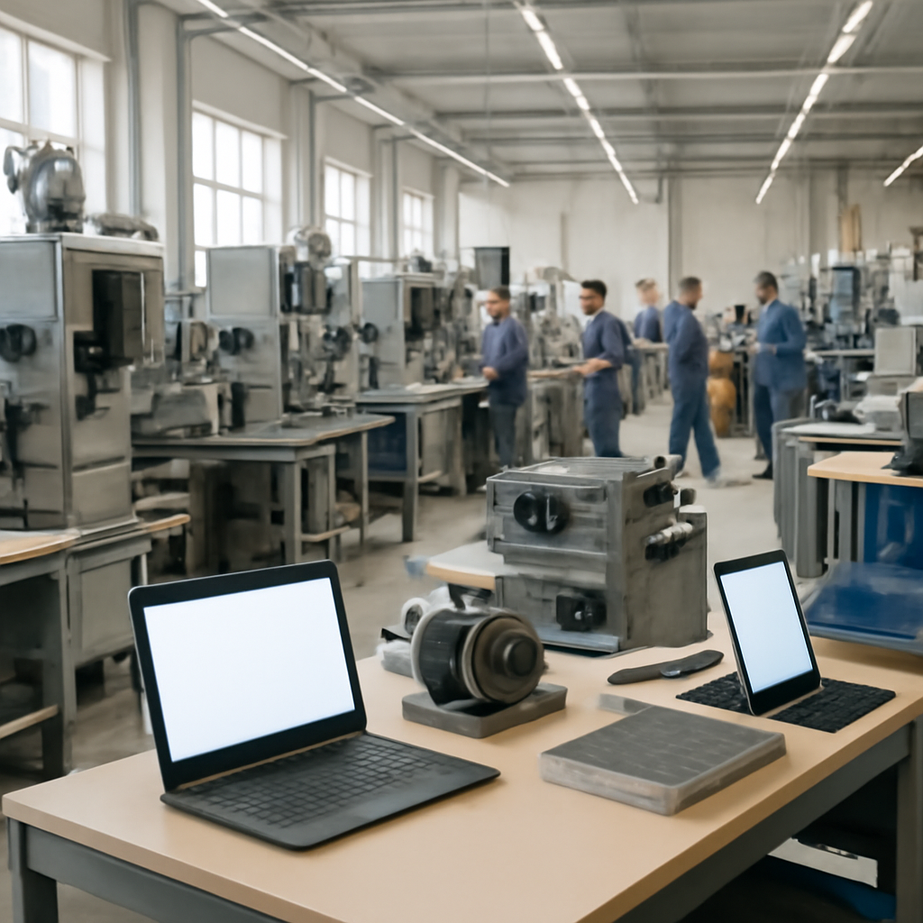 Factory production line with machinery, workstations, and workers, featuring laptops and tablets amidst equipment and…