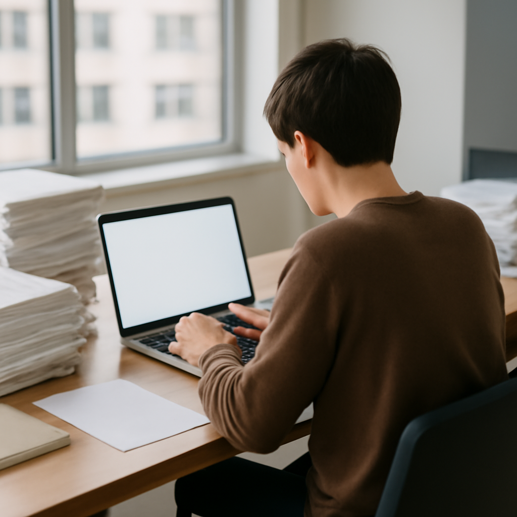 Person working at desk with laptop and papers in modern office setting.