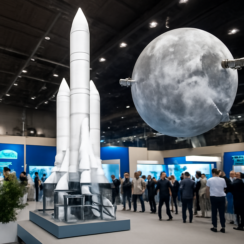 A large model rocket on display at an indoor exhibition, surrounded by attendees and a detailed moon model with orbiting…