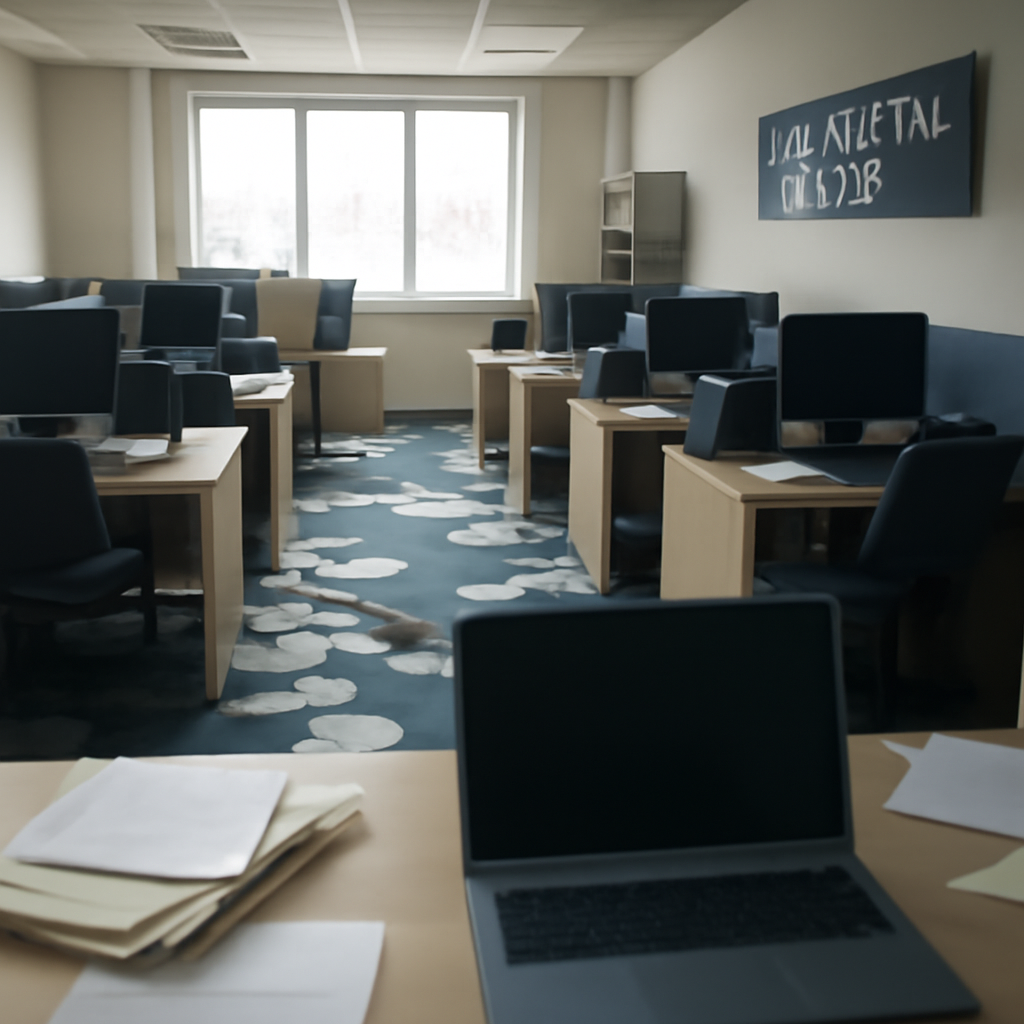 Municipal office interior with rows of desks, computers, and scattered papers.