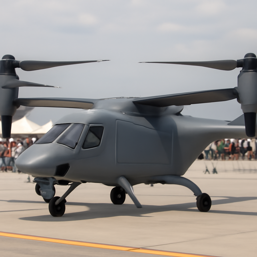 Hybrid-electric VTOL combat cargo drone on display at daytime airshow.