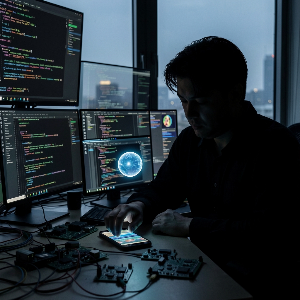Person surrounded by screens in a dark room with a glowing orb, symbolizing digital security, and a cityscape in the…