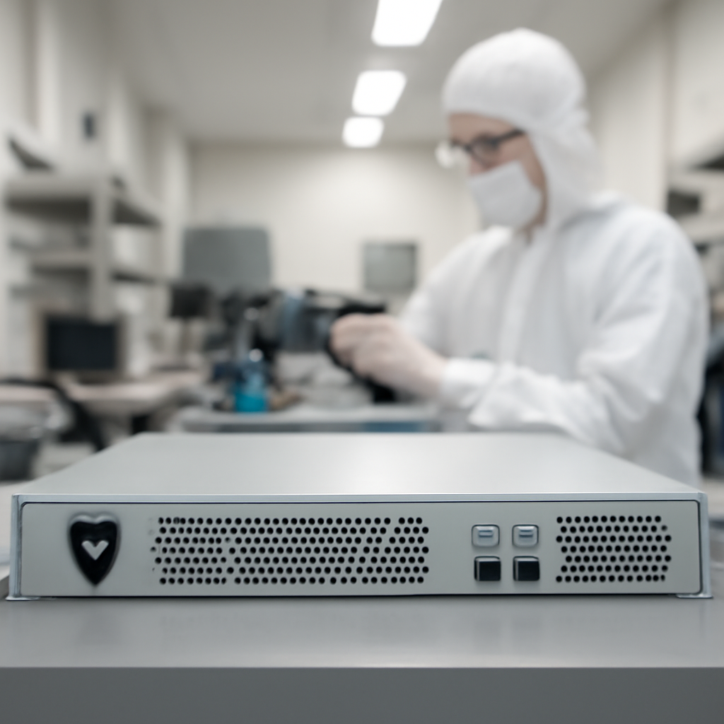Remote support software appliance on a workbench with a technician in the background.