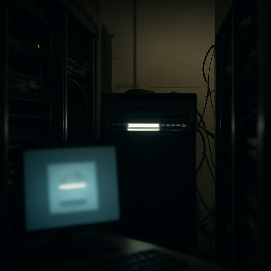 Dimly lit server room with a single brightly lit remote access appliance and a blurred login screen on a nearby monitor.