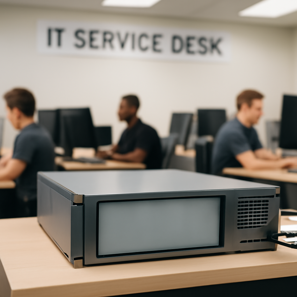 IT technicians work in background as remote support appliance sits prominently on table.