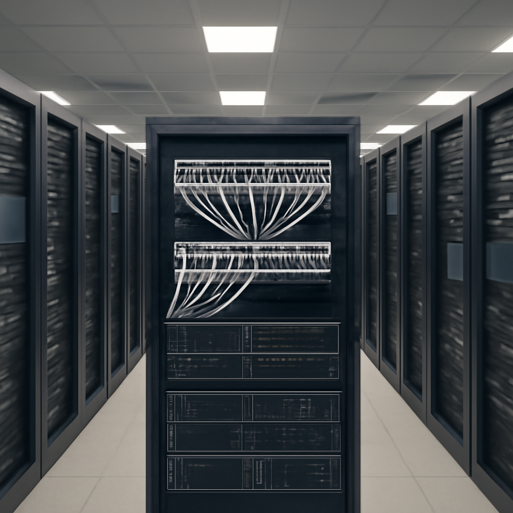 Network equipment rack with cables and patch cords in a data center interior.