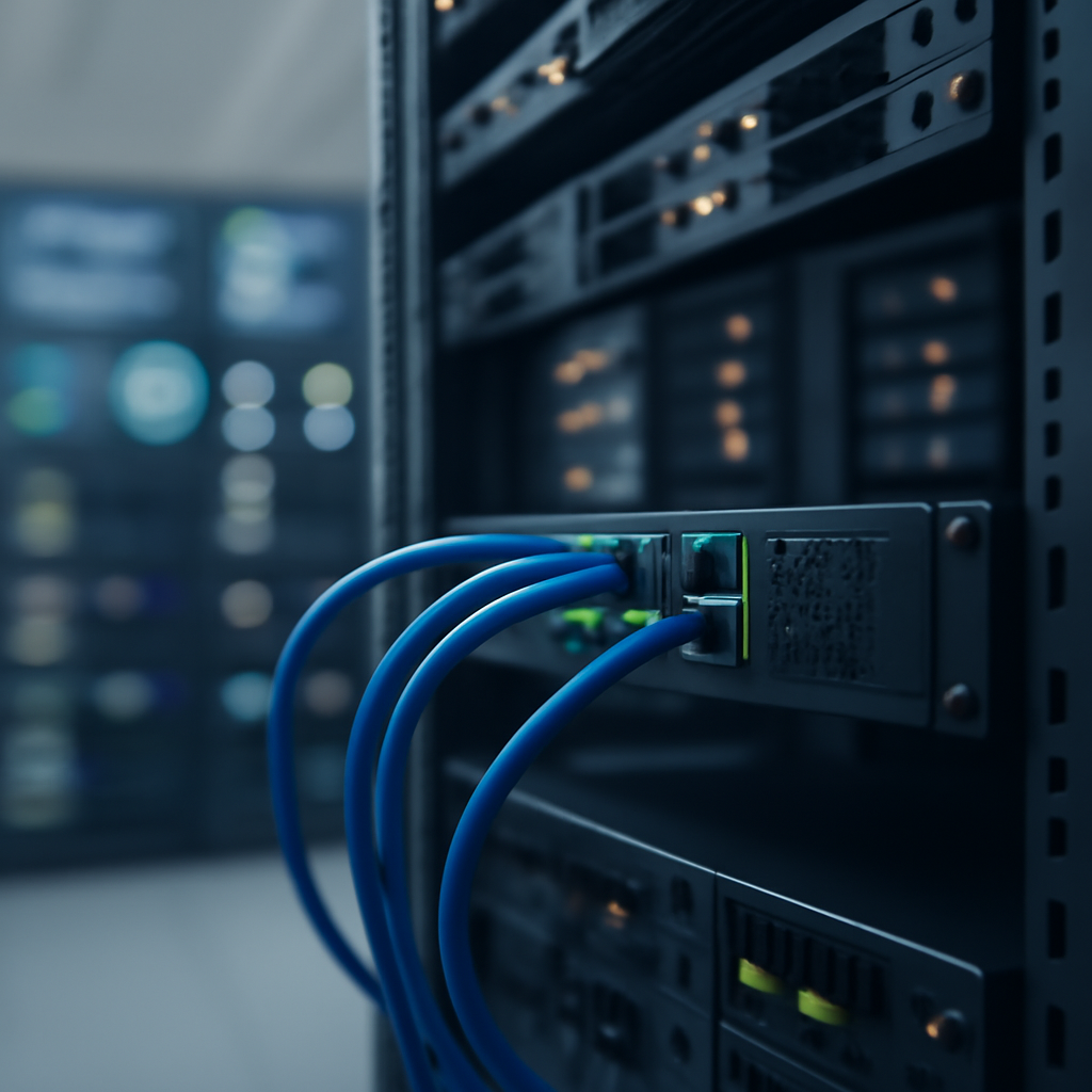 Network operations center with servers and equipment, focusing on a router on a rack.