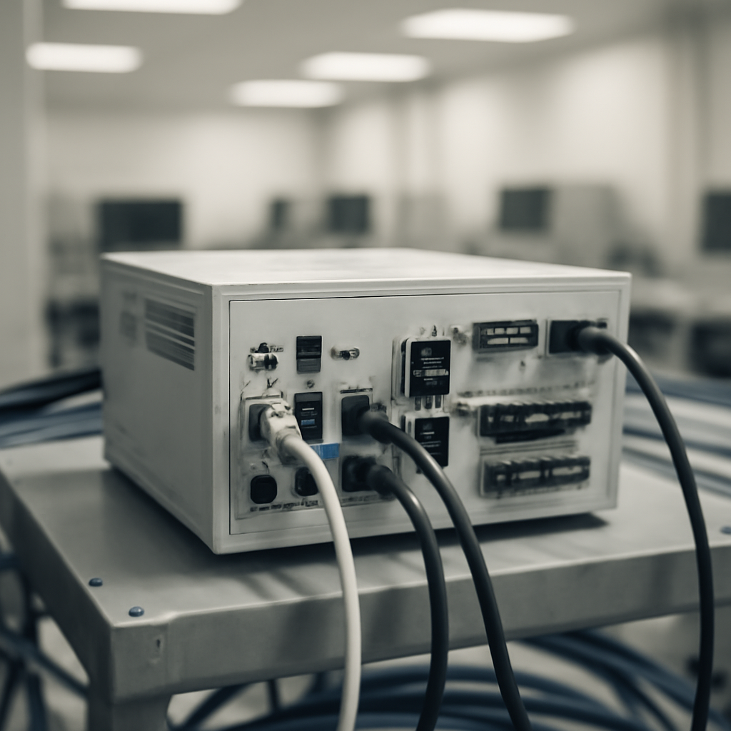 Industrial control system with server or gateway device on a rack, surrounded by computer workstations.