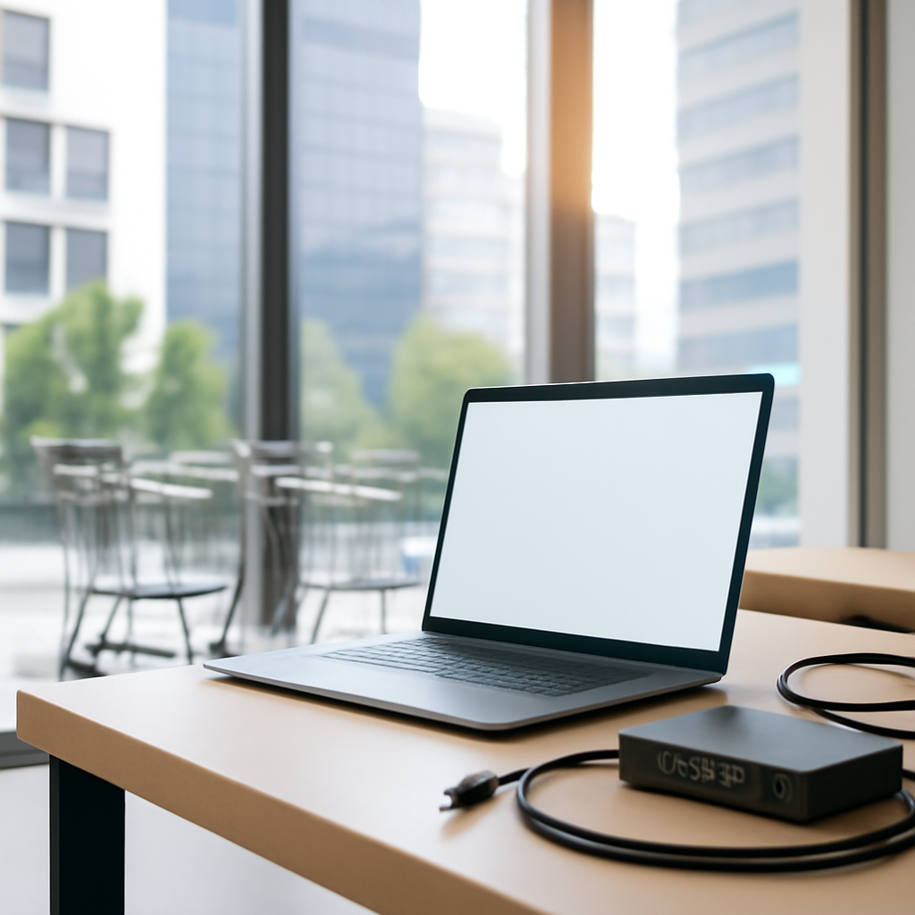 E-commerce office with laptop on counter, surrounded by shopping carts and merchandise, with blurred network operations…