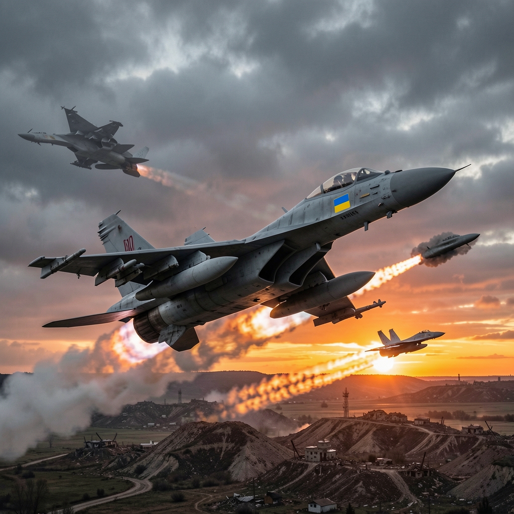 Ukrainian fighter jet shoots down enemy aircraft amidst turbulent sky and war-torn landscape.
