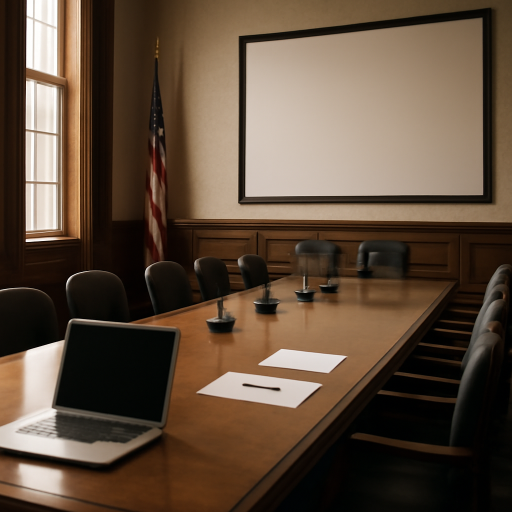 Formal congressional hearing room with wooden table, chairs, and blank whiteboard, lit by natural daylight from a tall…