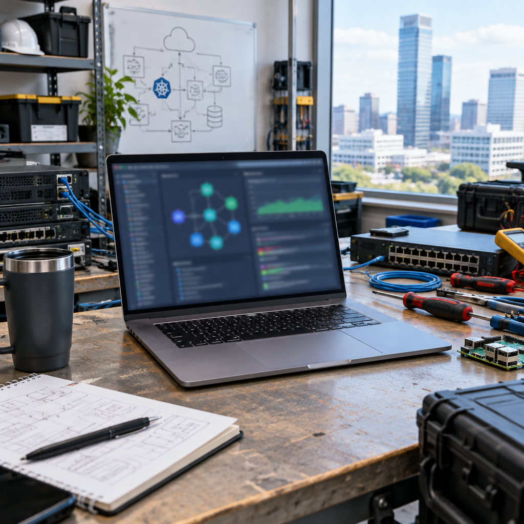 Laptop on cluttered workbench with blurred screen and city view through window.