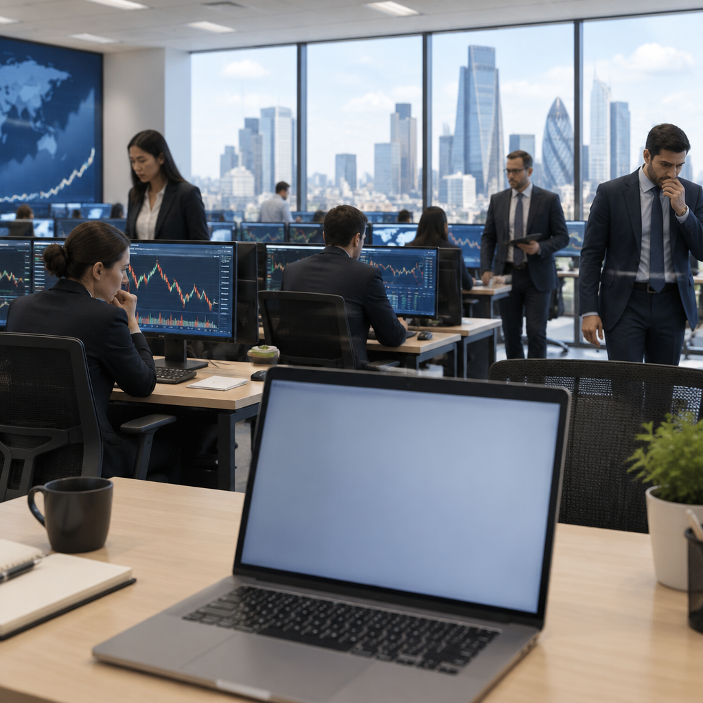 Cryptocurrency exchange office with computer workstations and cityscape view.