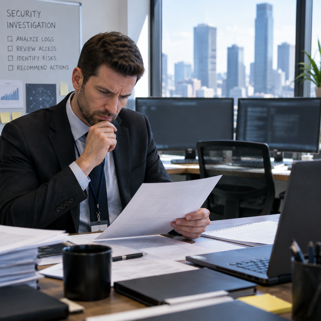 Cryptocurrency exchange office interior with blurred computer screen and cityscape background.
