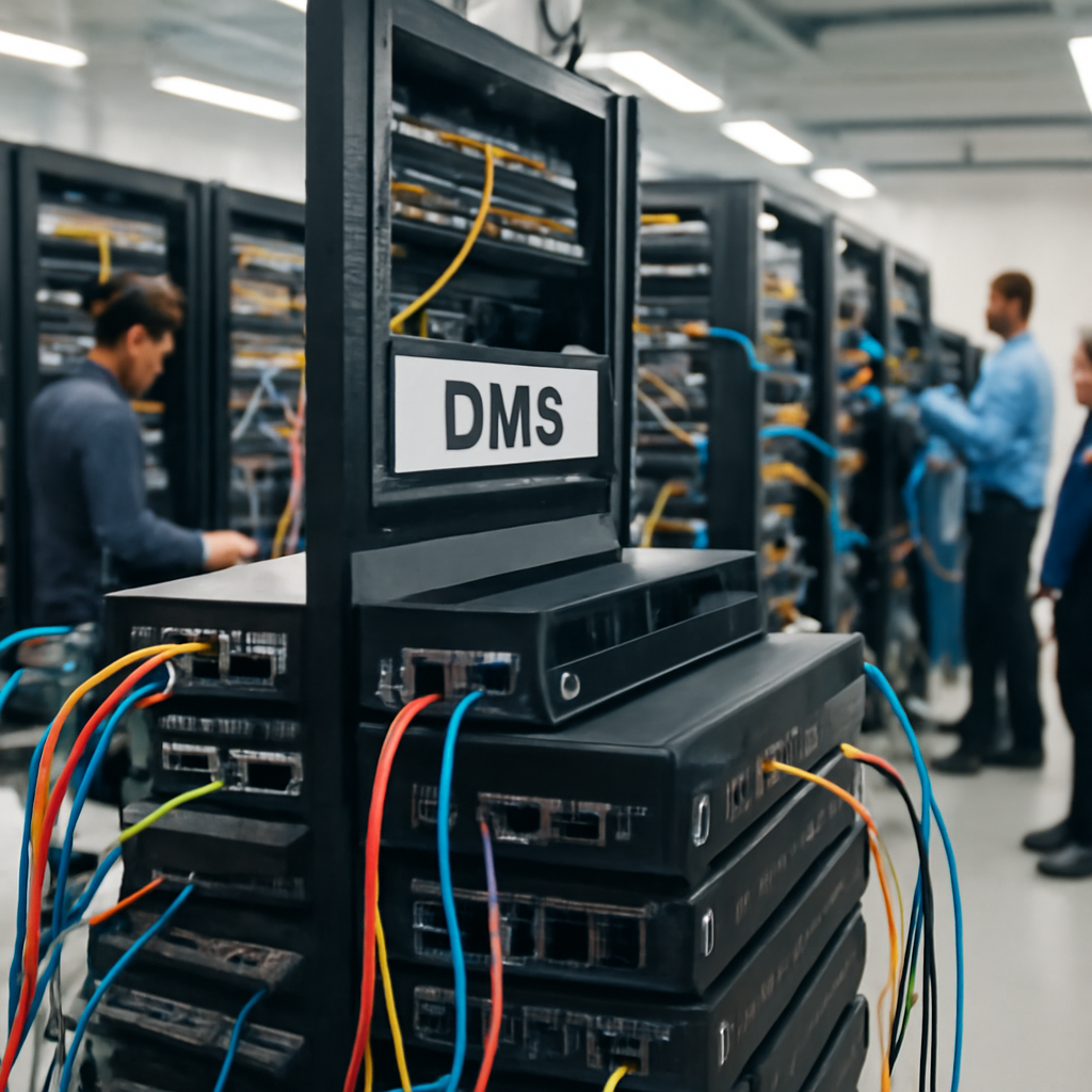 Network operations room with rows of computer servers and DNS setup.