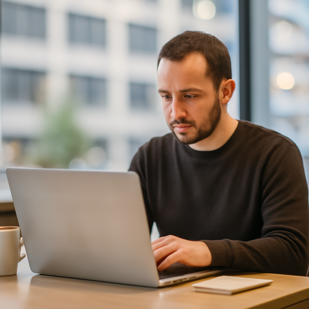 Person sitting at a laptop in a blurred office or coffee shop setting.