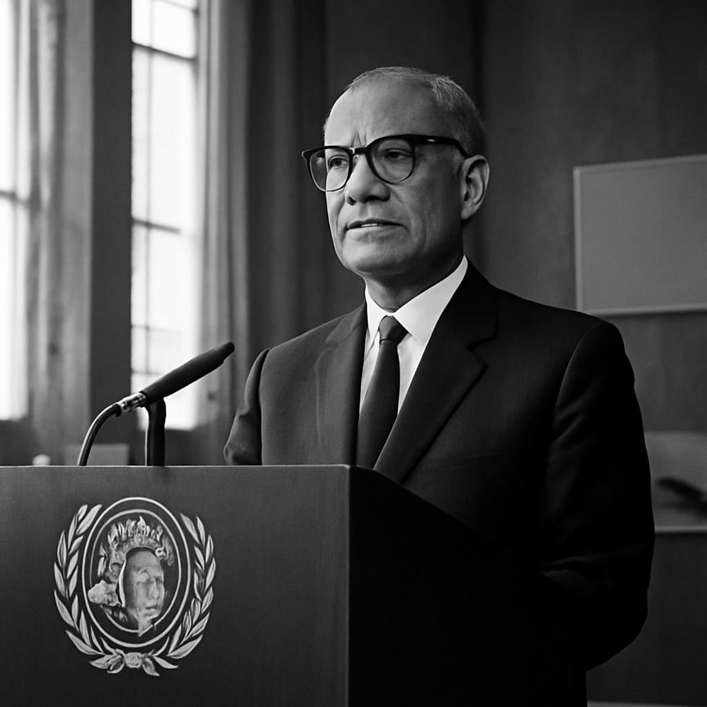 U Thant stands at the UN Security Council podium, calm and introspective, surrounded by formal architecture and natural…