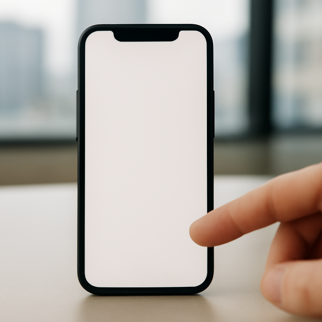 Smartphone on a neutral surface with blank screen and hint of a hand nearby.