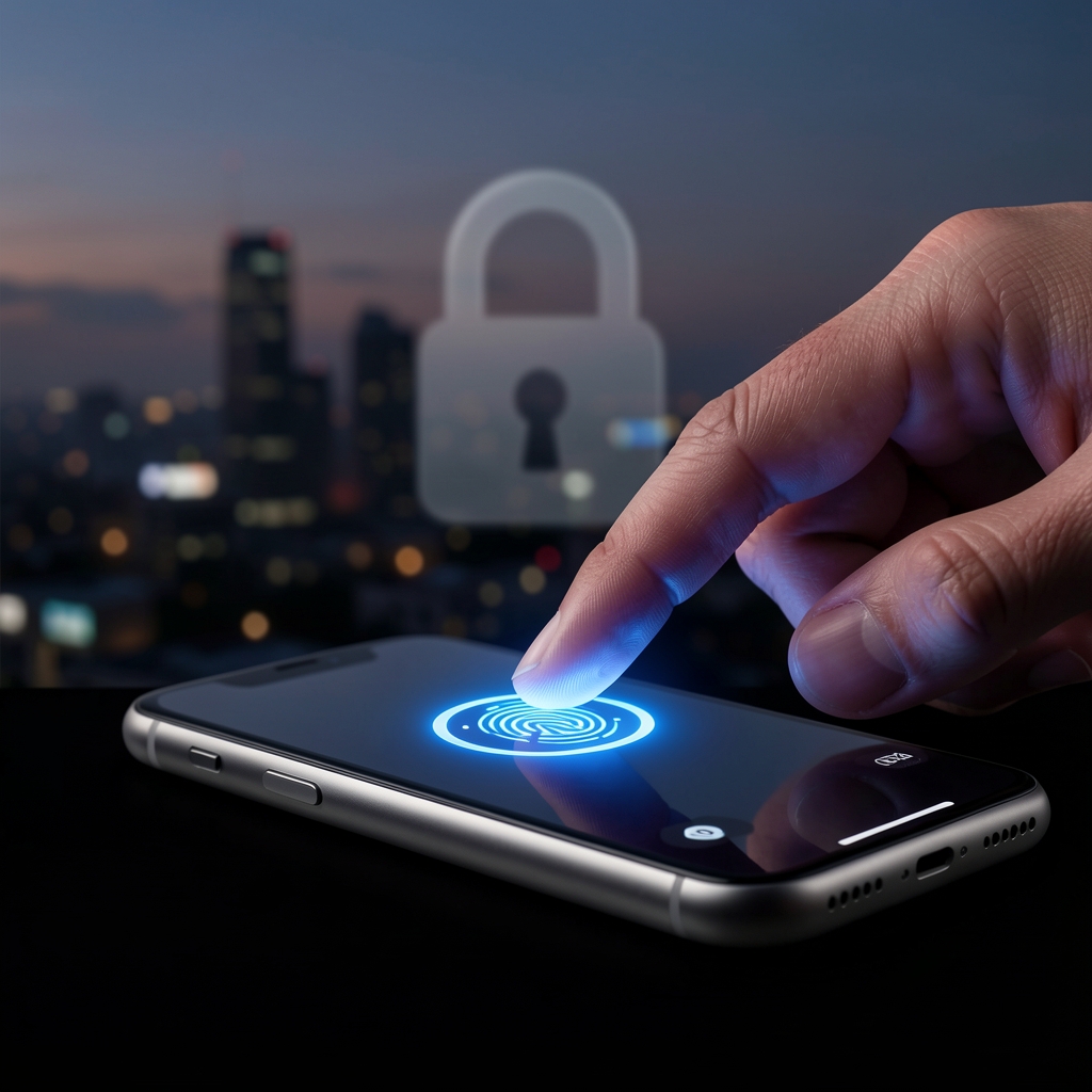 Finger hovers over smartphone fingerprint reader with blue LED glow, set against a dark cityscape background.