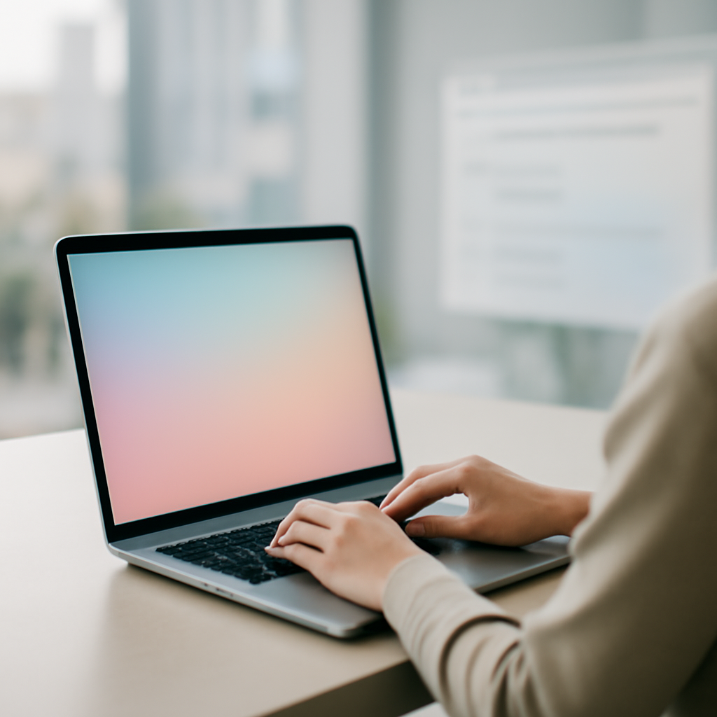 Person interacting with laptop in modern workspace with blurred background.