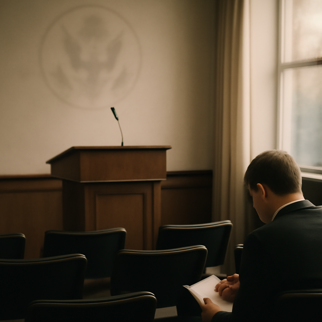 Government briefing room with podium, chairs, and a reporter taking notes.