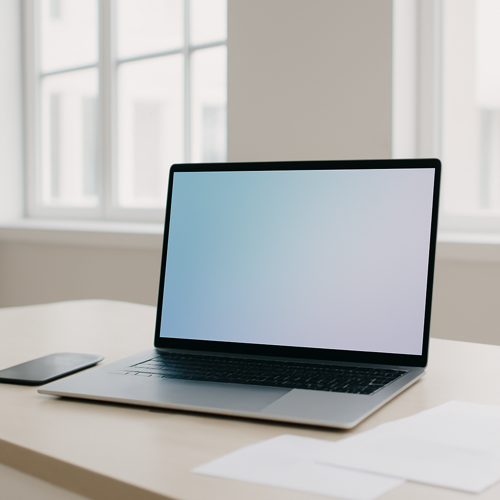 A minimalist room with a laptop, smartphone, and papers on a desk near large windows.