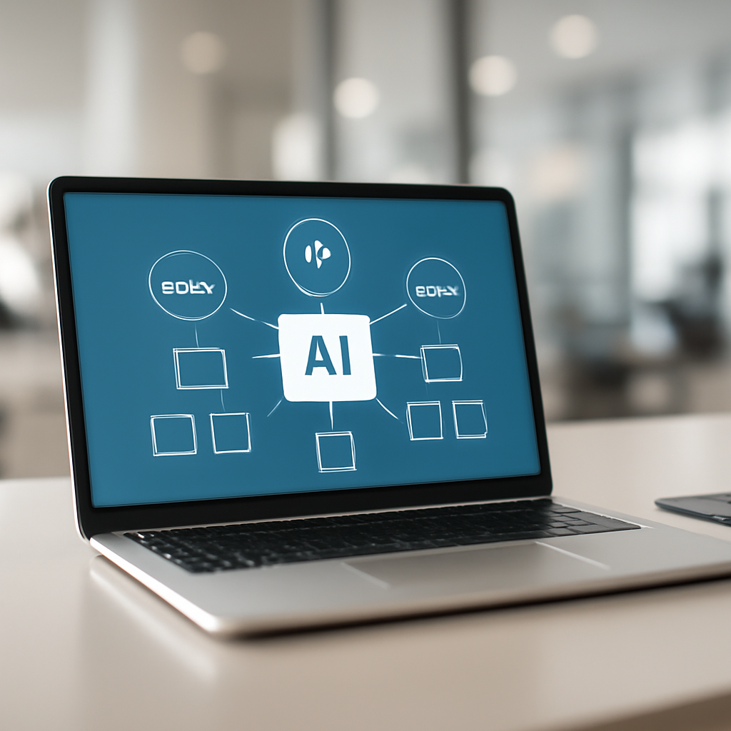 Laptop screen displays AI agents and skills on a neutral desk with a smartphone nearby in a modern office setting.