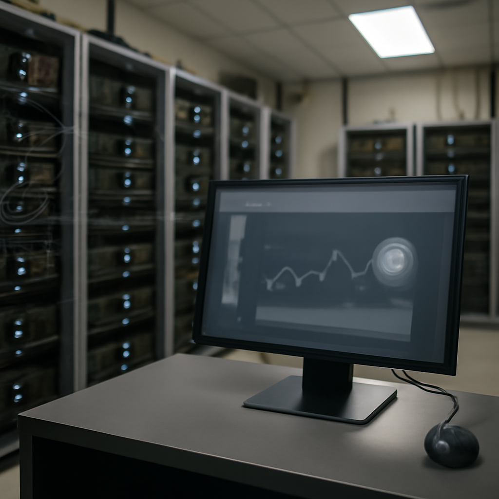 Rows of computer servers and networking equipment in a secure data storage room.