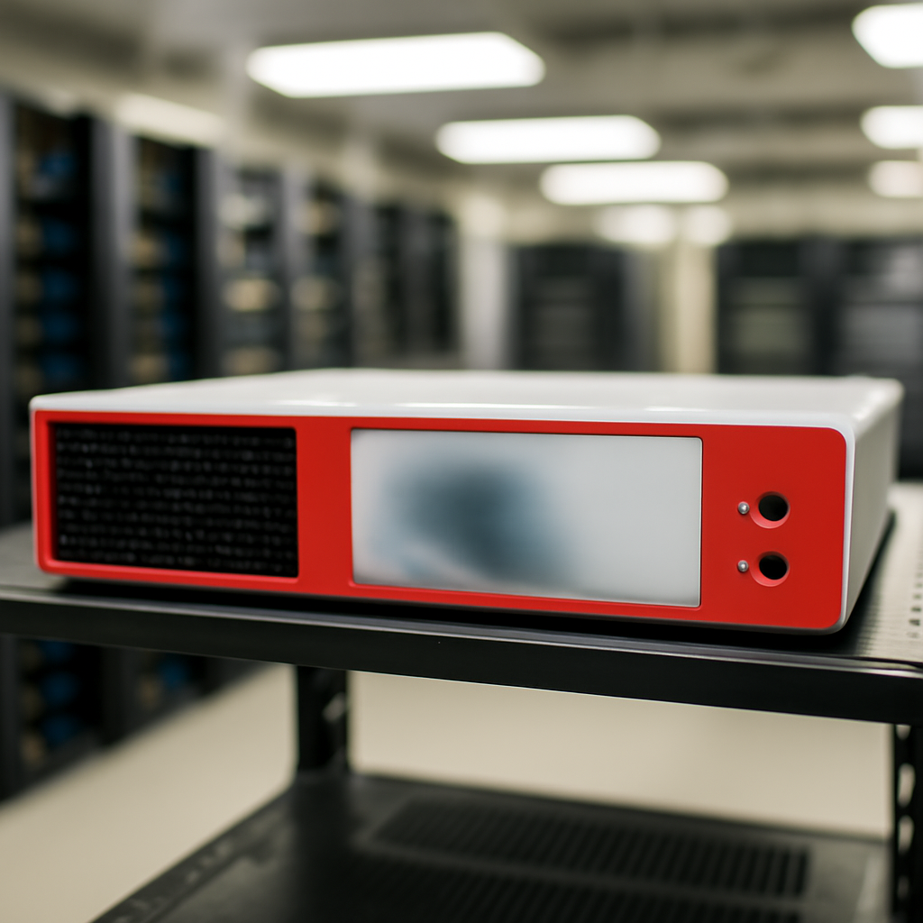 Security appliance on a rack shows signs of vulnerability in a brightly-lit data center setting.