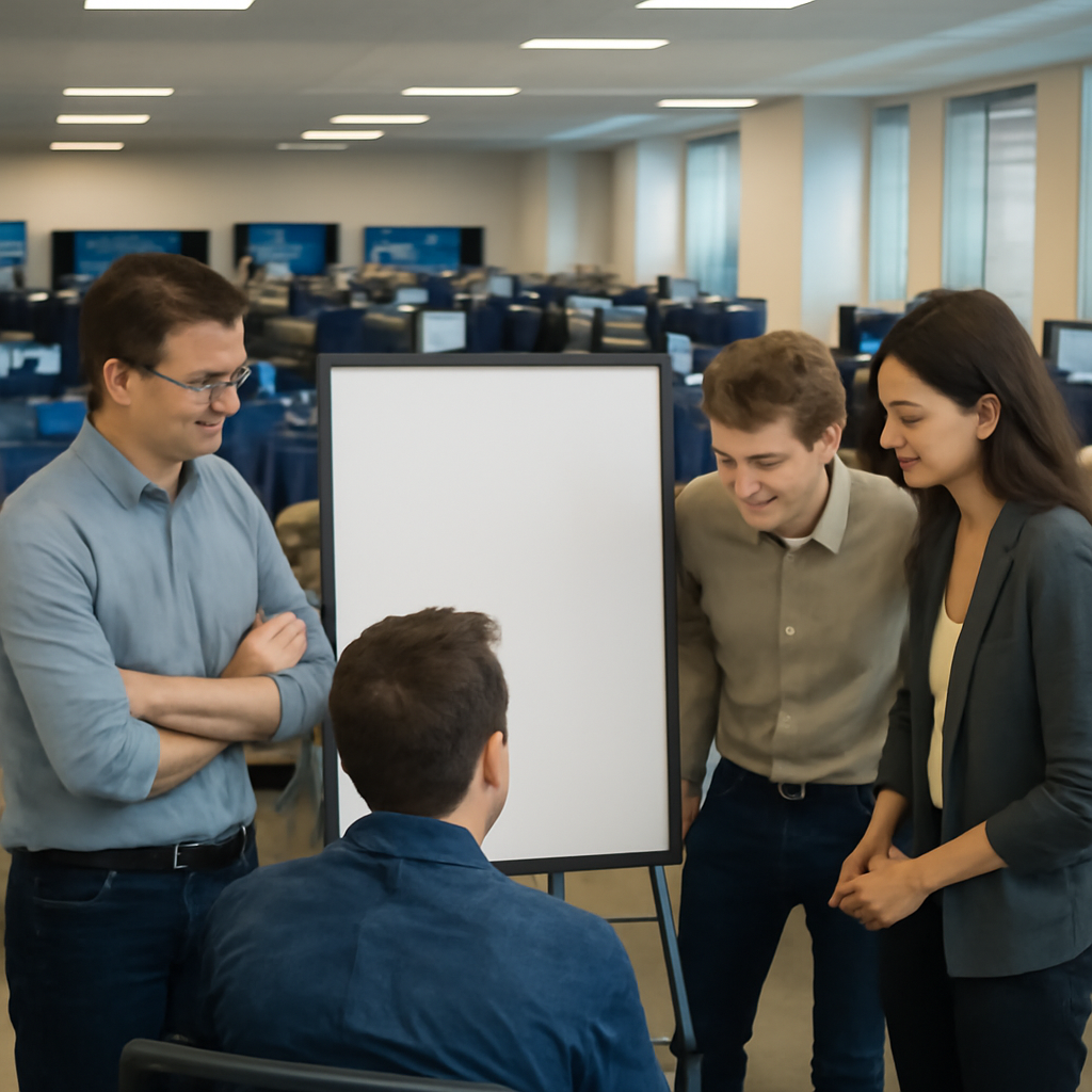 Cryptocurrency exchange employees gather at computer workstations in a brightly-lit office interior.
