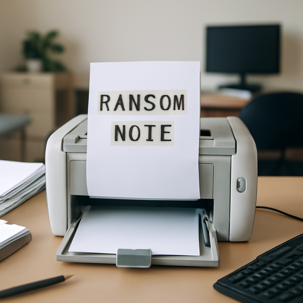 Ransom note emerges from printer paper tray on cluttered office desk.