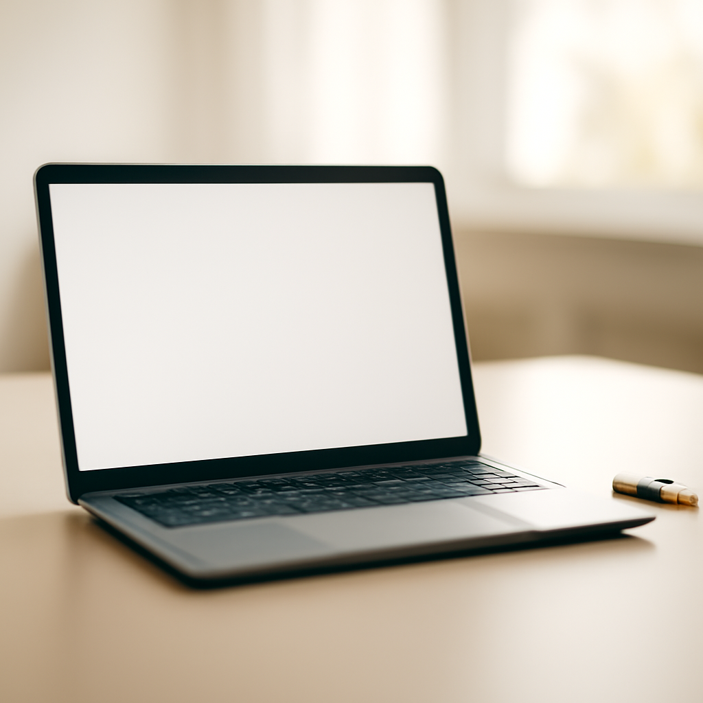 Laptop on a clean workspace with a USB drive nearby, screen displaying nothing.