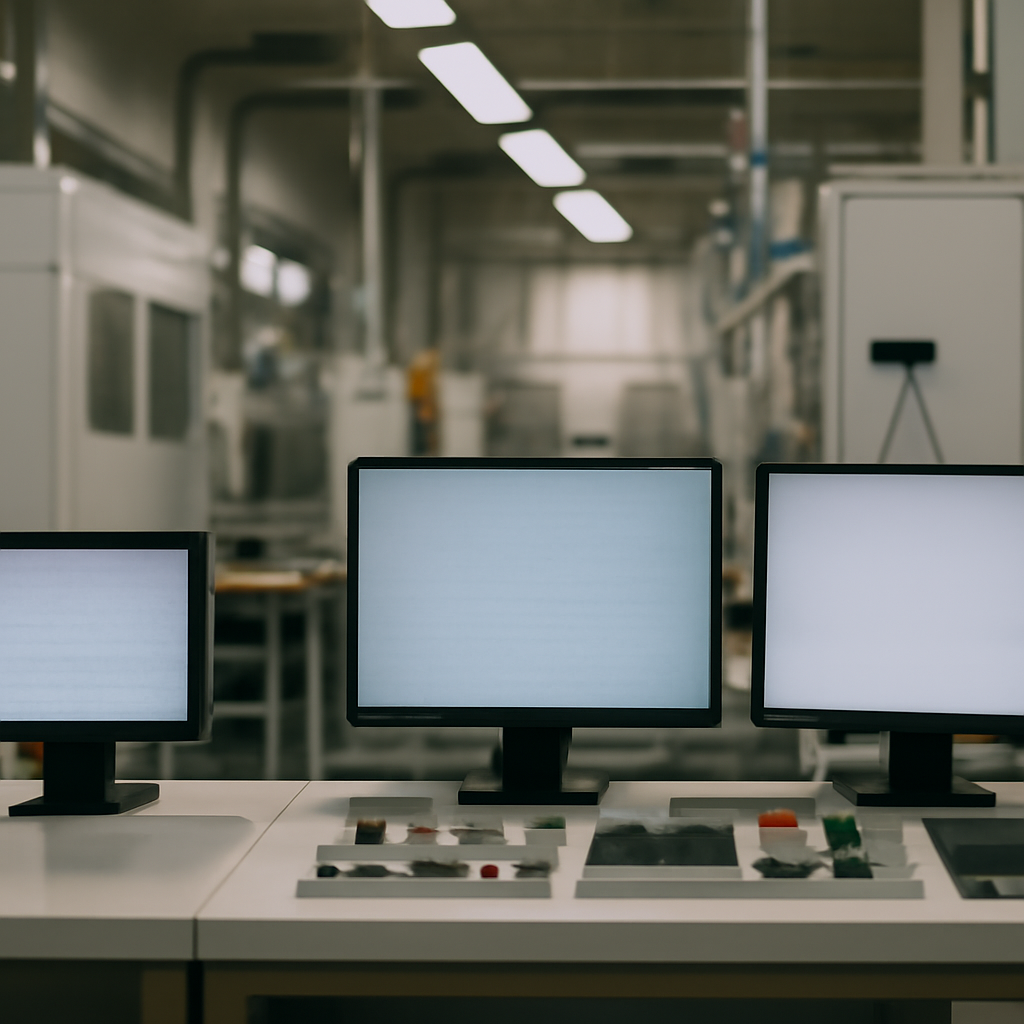 Industrial setting with disrupted computer screens and muted colors.
