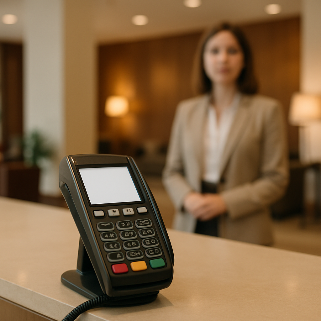 Person interacting with a blurred payment terminal in a retail setting.