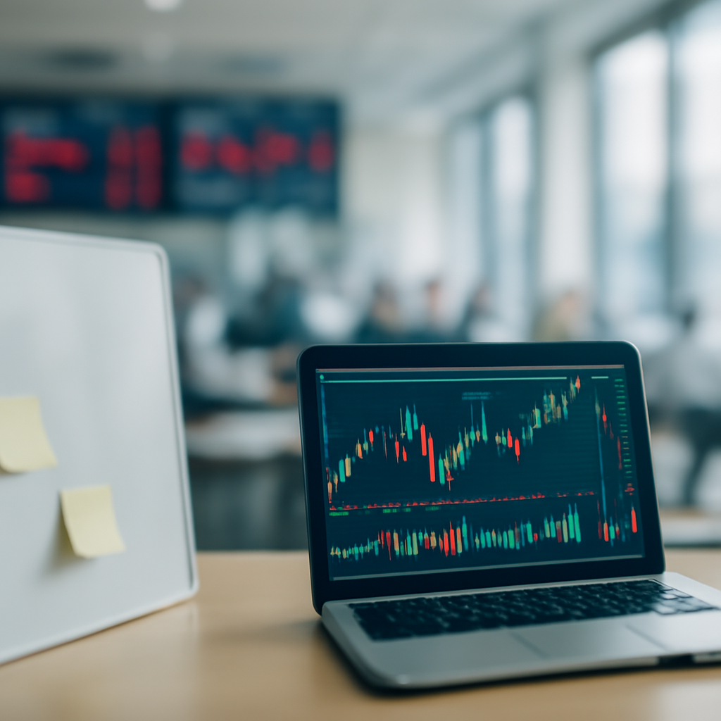 A brightly-lit financial sector setting with a sense of unease, featuring a blurred laptop screen and empty whiteboard in…